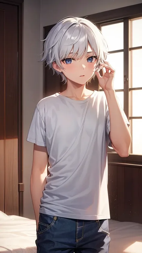 a 14 year old boy with white hair wearing a t-shirt 