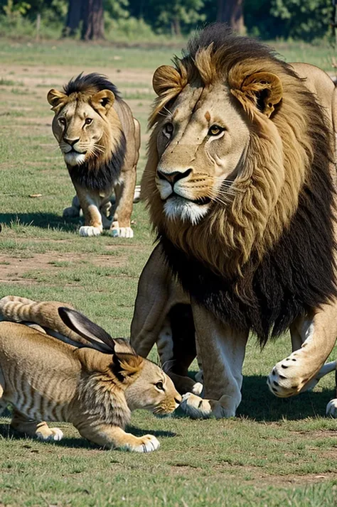 A lion animal devouring a rabbit and the human women applaud it
