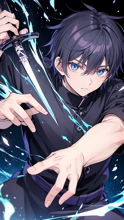 create a black Jujutsu no kaisen manga style image with a young male character extremely similar to Gaku from the Sakamoto Days manga, ele tem cabelo curto fe cor ciano claro e um capuz azul escuro quase preto, e olhos pretos, He wears red earrings and he ...