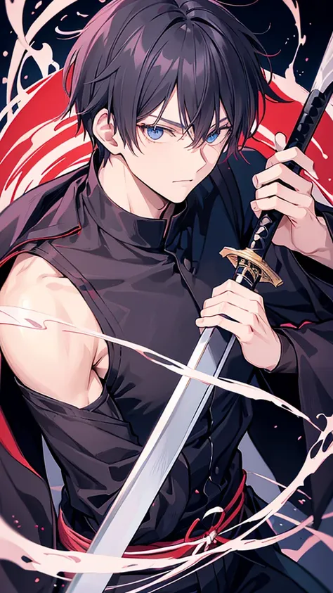 create a black Jujutsu no kaisen manga style image with a young male character extremely similar to Gaku from the Sakamoto Days manga, ele tem cabelo curto fe cor ciano claro e um capuz azul escuro quase preto, e olhos pretos, He wears red earrings and he ...