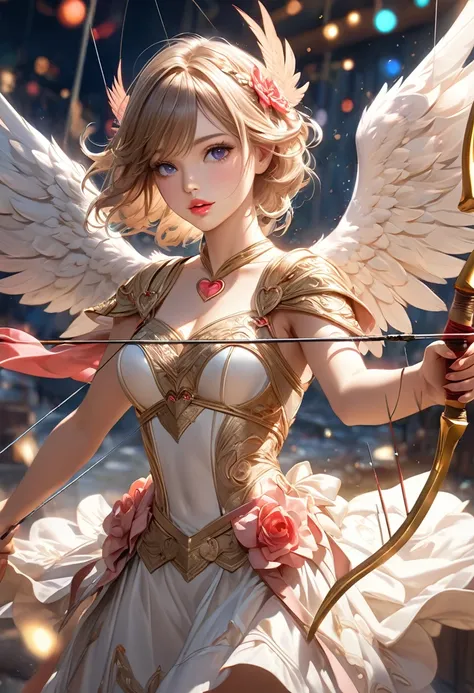 Beautiful Detailed Eyes, Beautiful Detailed Lips, Extremely Detailed Eyes and Face, Long Lips, Love Angel Cupid (Archer), angel wings, bow, arrows, (holding a bow and shooting arrows): 1.2 from above the clouds, heart-shaped arrowhead: 1.2, hearts flying, ...