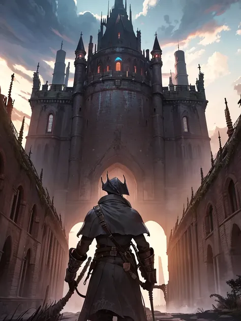 (​masterpiece、top-quality、hight resolution), An adventurer standing in the wilderness outside the castle walls, looking up at the castle. The adventurers back is facing the viewer, showcasing their rugged gear and weaponry. The castle walls and the majesti...