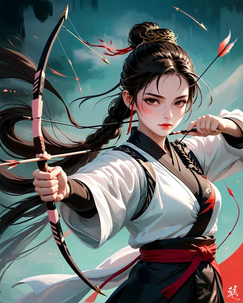 1 Girl，Hanfu，High Ponytail，Shooting an arrow，Ready to go