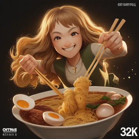 Capture the moment when a hungry beautiful girl, long gold brown wavy curly hair, round face, cymmetric eyes, big nose. wearing cross necklace, wearing casual outfit, smile,  enthusiastically dives into a giant bowl of noodles, beef curry, boiled eggs, mea...