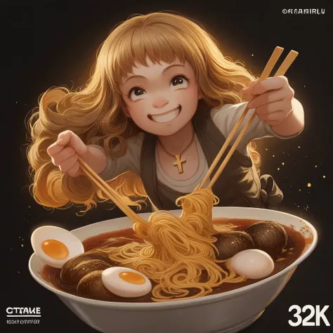 Capture the moment when a hungry beautiful girl, long gold brown wavy curly hair, round face, cymmetric eyes, big nose. wearing cross necklace, wearing casual outfit, smile,  enthusiastically dives into a giant bowl of noodles, beef curry, boiled eggs, mea...