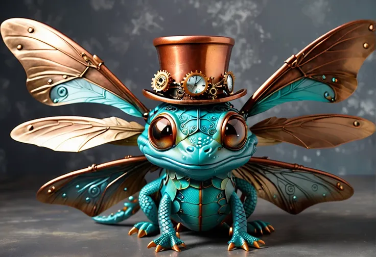 create a whimsical steampunk dragon fly with a face with teal wings and copper top hat on a grey background