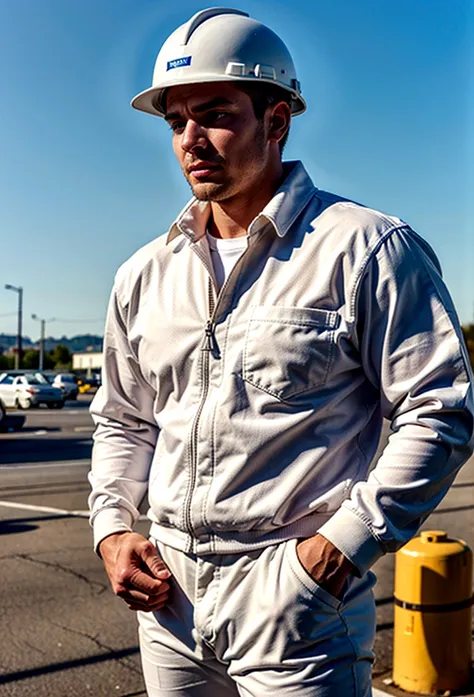 A construction worker wearing a white construction uniform jacket and a white construction helmet. The uniform and helmet should be plain, with no text or logos visible on any part of the uniform or helmet. The background should be white.