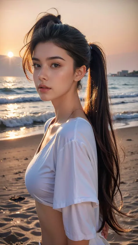 ((masterpiece, Best quality, a high resolution, ultra detailed),(beautiful and aesthetically pleasing:1.2), 1 woman, adult, perfect body, Wavy dark hair, green eyes, hair pulled back into a beautiful ponytail, Detailed eyes and face, long oversized shirt, ...