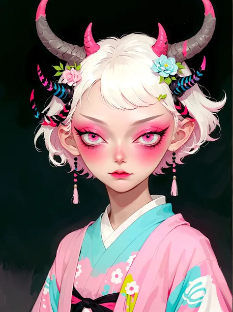 Girl with pink horns on her head，Pink eyes，Phosphor，Neat short hair，Japanese clothing，Japanese horror style Japanese pop surrealism, 
