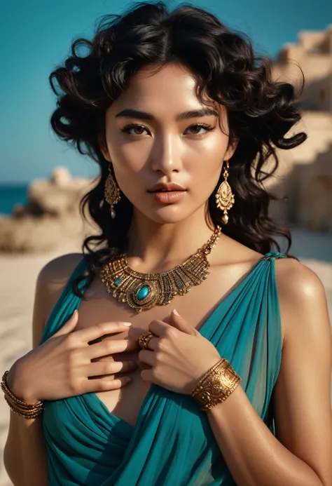 (A half-asian, asian-european, woman with black wavy hair in the style of a greek goddess. bronze skin. Aphrodite, goddess, divine aura) (teal and bronze colours) (high contrast background) (wearing ancient jewellery on upper arms, neck, wrists, fingers) (...