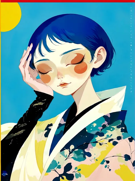 girl，blue short hair，japanese clothing，japanese horror style japanese pop surrealism, author：yukika kosaka, nguyen gia and joao ...