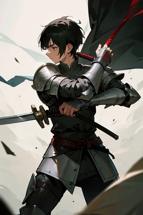 A injured swordsman with short black hair wearing leather armor. 