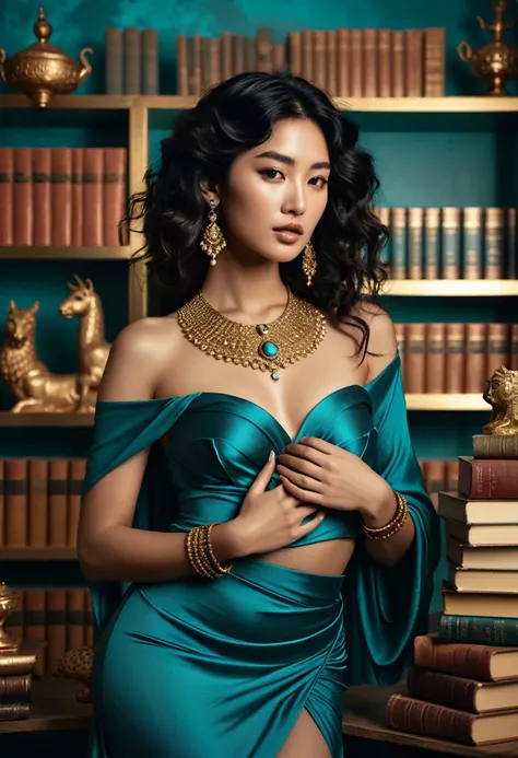 (A half-asian, asian-european, woman with black wavy hair in the style of a greek goddess. bronze skin. Aphrodite, goddess, divine aura) (teal and bronze colours) (high contrast background) (wearing ancient jewellery on upper arms, neck, wrists, fingers) (...