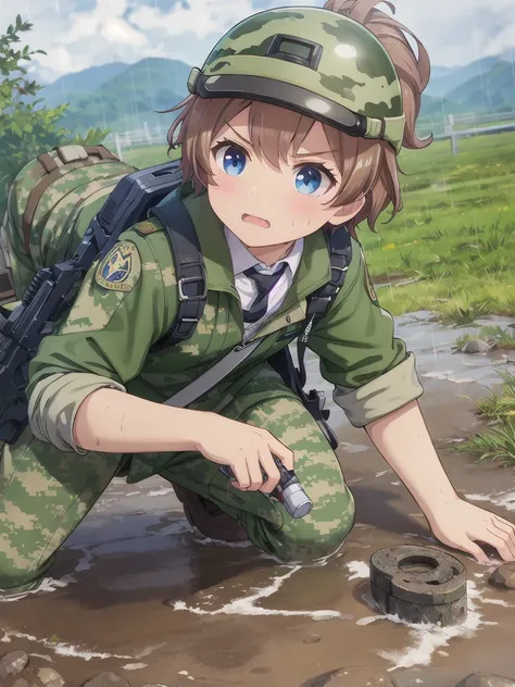 high quality,masterpiece,12 years old,blue eyes,Outdoor,顔 focus,Brown Hair, short hair, Military camouflage uniform,Green helmet,heavy rain,In the mountains,cloudy,Muddy clothes,He has a gun,Crawling on the ground,Point the gun this way,serious,Ruthless ey...