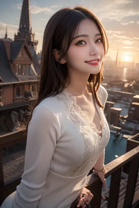 masutepiece, Best Quality, Illustration, Ultra-detailed, finely detail, hight resolution, 8K Wallpaper, Perfect dynamic composition, Beautiful detailed eyes, doress,Medium Hair, mid-chest, Natural Color Lip, Random and sexy poses,Smile,Tower Mansion