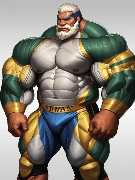 solo, 1boy, perfect anatomy, perfect proportion. Huge Muscular Old man wearing wrestler suits, flexing muscle, view from side, pectoral, thick arms, huge pectoral, wide pectoral, short white hair, red beard and hair, simple background, masterpiece, semirea...