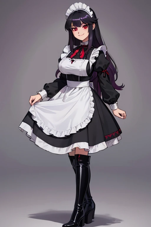 female, purple long hair, red eyes, (((1girl))), (((black Victorian maid uniform))), (black heeled boots), (white apron), cute and sexy, full body, large breasts, long legs, smiling