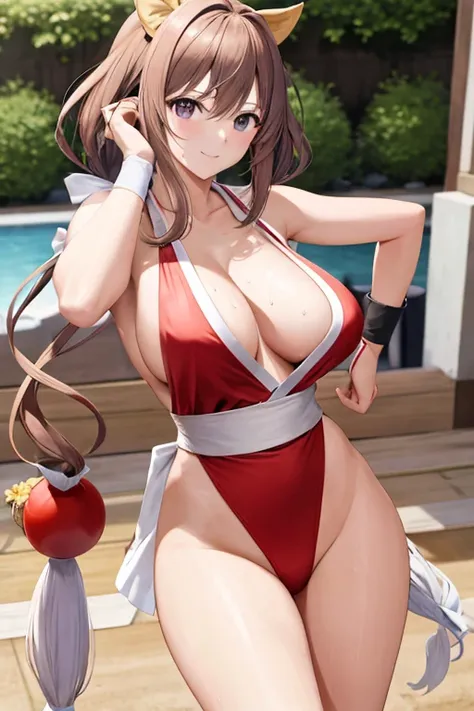 masterpiece, best quality, beautiful art, high resolution, well formed hands, body and fingers, 1 woman, solo, Rinna Mayfield,   grown up,  cosplaying as Mai Shiranui , adult, large and round breasted, cleavage full body, pelvic curtain, hair ribbon, gorge...