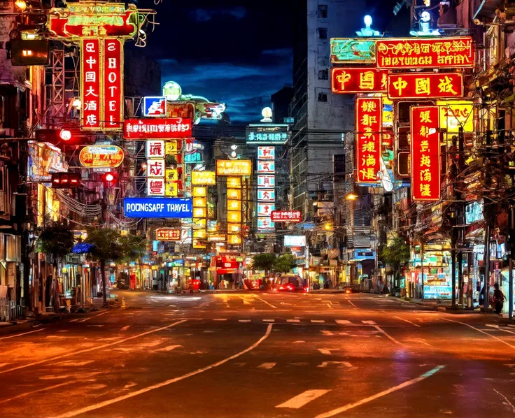 araful city street with many signs and buildings lit up at night, china town, chinatown, china town blade runner, bright neon li...