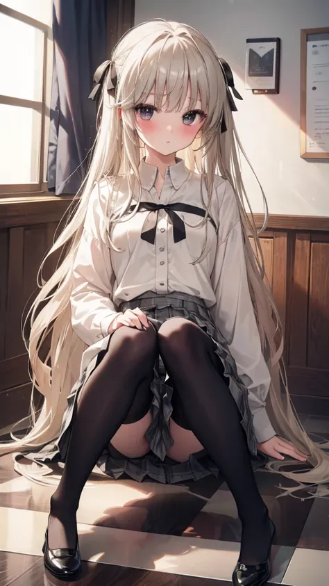 (8K、Best image quality、Highest quality、masterpiece)、One tall girl、((whole body))、Sit on the floor with your legs spread、White panties are visible、Long Hair、Wavy Hair、blush、Medium Bust、White collared shirt、Short sleeve、((Checkered pleated mini skirt))、Class...