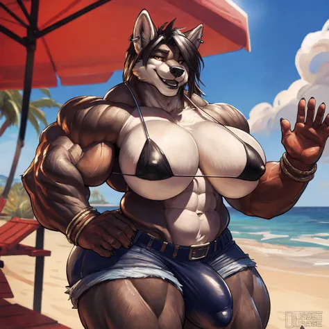 uploaded to e621.net, masterpiece, 8k, gray wolf, (female:1.3), gray fur, dark hair, short hair, black lip gloss, (micro bikini top:1.2), denim shorts, (huge bulge), bulgeJ8, huge breasts, nipple outline, large areolae, hyper hips, ear piercings, waving, s...