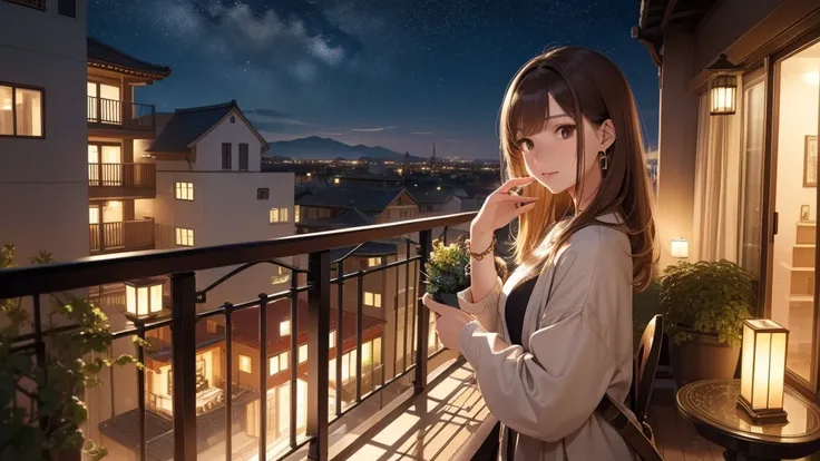 (Super detailed,High resolution,masterpiece:1.2) Night view from the balcony or terrace, You can see big fireworks。View of Japanese apartment buildings in the background. Focus on women in their 20s to 40s with calm expressions. She has a stylish haircut, ...