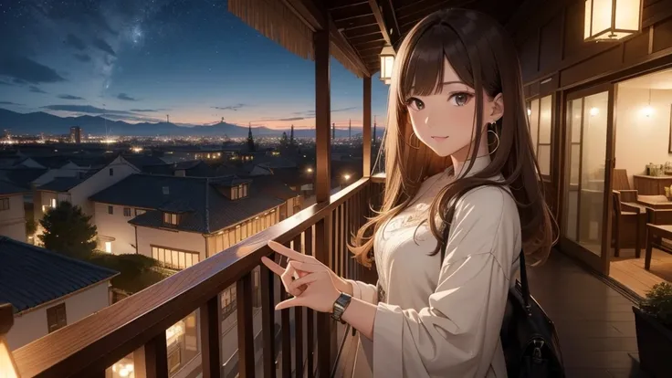 (Super detailed,High resolution,masterpiece:1.2) Night view from the balcony or terrace, You can see big fireworks。View of Japanese apartment buildings in the background. Focus on women in their 20s to 40s with calm expressions. She has a stylish haircut, ...