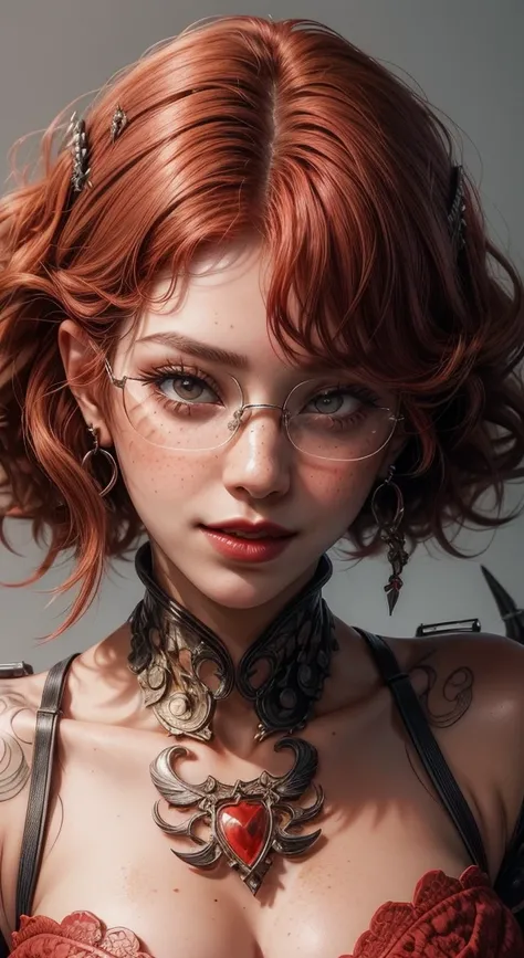 1close up of a girl ,short red curly hair, Grinning,with tattoos on the face, fleshy lips,freckles on the face ,red lipgloss stick,Piracy, earrings, glasses and makeup, Angle of the face up close