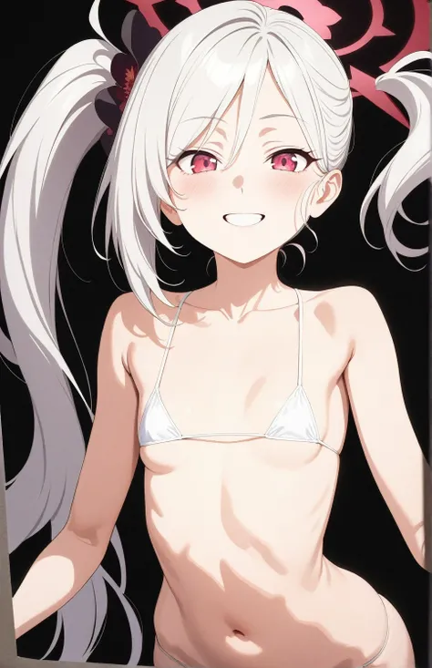 best quality, amazing quality, very aesthetic, absurdres, (1girl, mutsuki, blue archive, solo, red eyes, white hair, side ponytail), (artist official art:1.5), (realistic face), (grin, lowleg bikini, ), (cowboy shot), , (half closed eyes:0.7), (thigh), exp...