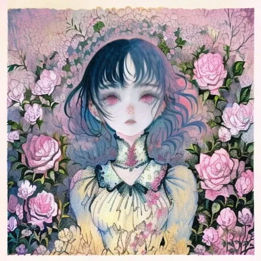 painting of a woman with blue hair and a white dress surrounded by pink roses, roses in her hair, inspired by itō shinsui, lofi ...