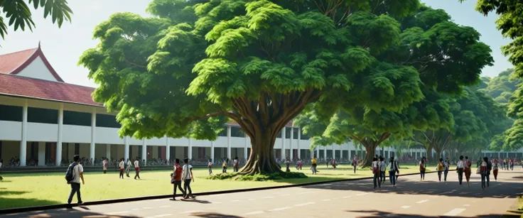 (Masterpiece, 4k resolution, ultra-realistic, very detailed), a university in Indonesia, realistic, bright, lots of students, shady trees, sunny morning weather