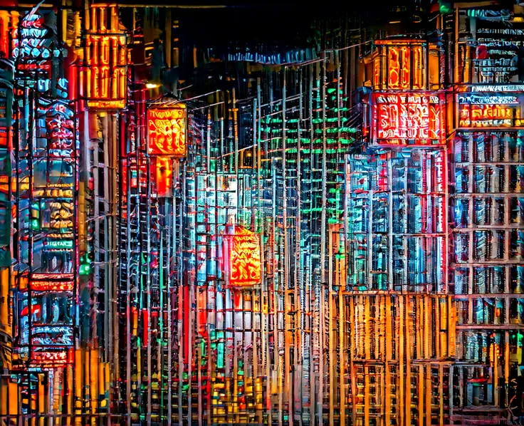 araful city street with many signs and buildings lit up at night, china town, chinatown, china town blade runner, bright neon li...