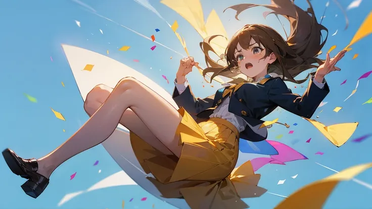 ((Highest quality)), ((masterpiece)), ((Very detailed)),Floatingする女の子,Angry expression，floating，Floating，Confetti，Brown Hair,tears,Levitating,Blue sky background,Feet in the air,tears,gravity,Long skirt,loafers,Raise both hands