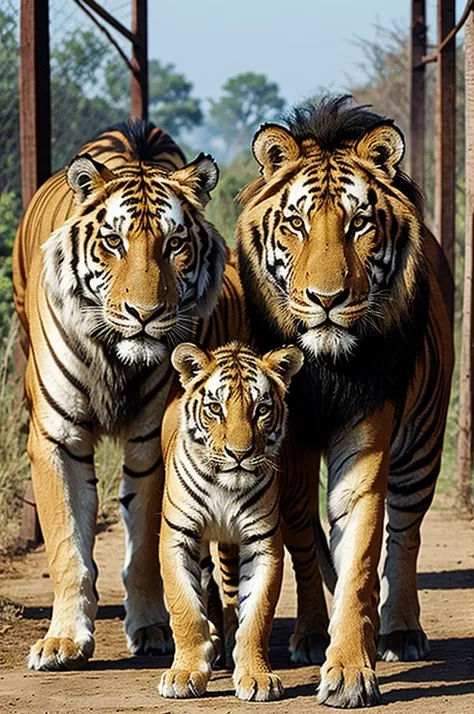 A image of three animals tiger donkey and lion
