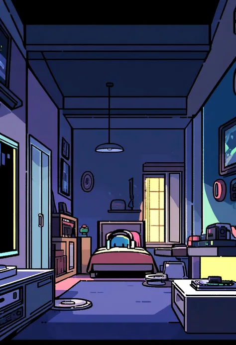 night、Dog listening to music in a cozy room, Using headphones, 2D-style animation, Lo-Fi, hard disk, Dark Environment