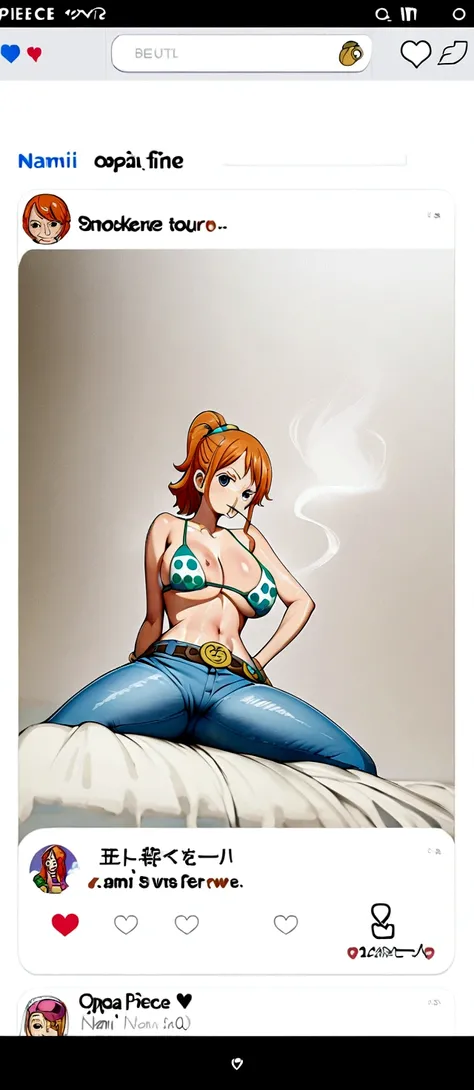 a cartoon picture of a woman in a bikini top and jeans, nami one piece, nami from one piece, nami, beautiful portrait of nami, from one piece, oppai, blue eyes, smoking, ponytail, nsfw