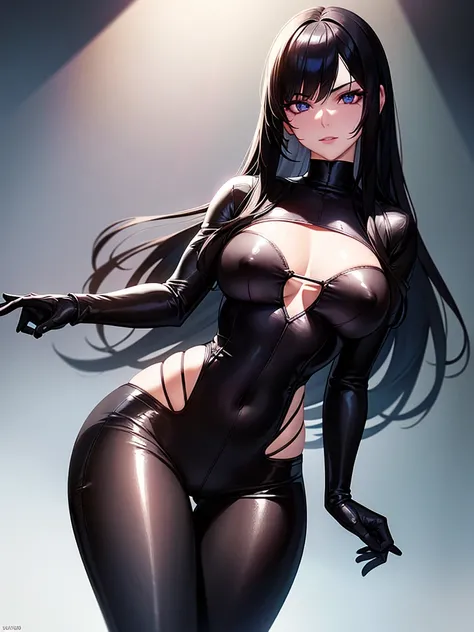 a girl with long black hair with bangs,tight-fitting leather suit,vagina and nipples visible,hyper-realistic,photorealistic,extremely detailed,insanely detailed face,glowing skin,volumetric lighting,dramatic lighting,cinematic lighting,chiaroscuro,beautifu...