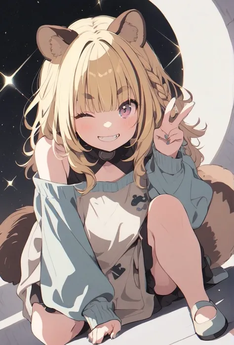 anime,(pale colors:1.8),long shot, 1girl, solo, (on right:1.3), full body, solo, grin, smile, closed one eye, dynamic angle, squating, v, fang, light yellow hair, racoon ears, racoon tail, (brown streaked hair:1.3), side braid, (blunt bangs), wavy hair,thi...