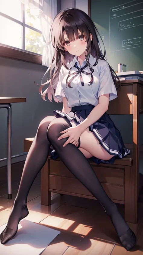 (8K、Best image quality、Highest quality、masterpiece)、One tall girl、((whole body))、Sit on the floor with your legs spread、White panties are visible、Long Hair、Wavy Hair、blush、Medium Bust、White collared shirt、Short sleeve、((Checkered pleated mini skirt))、Class...