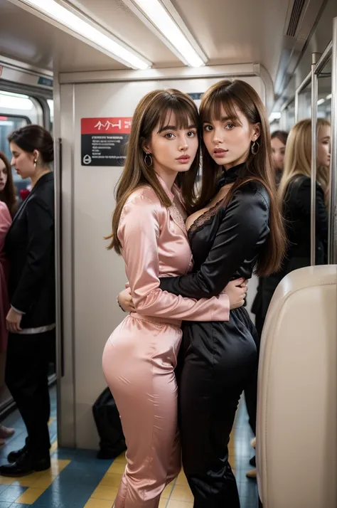 two girls hugging in satin clothes standing in a crowded train, 1st girl is blonde in a black satin jumpsuit, 2nd girl is a brun...