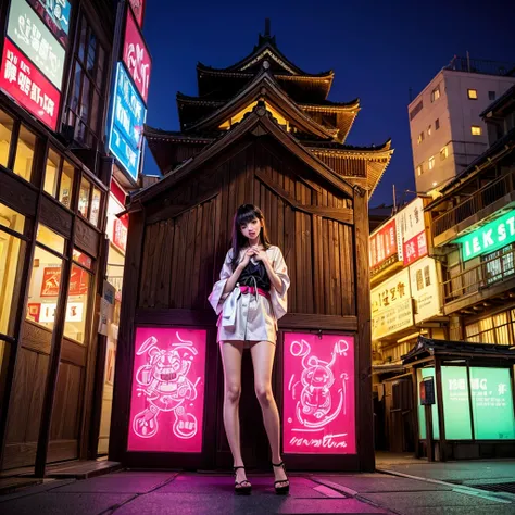 Glowing pale (Neon Light:1.2) Himeji Castle World Heritage Site at Night, Glowing pale (Black light:1.2) Himeji Castle at night is a national treasure of Japan, break ((Highest quality, 8K))