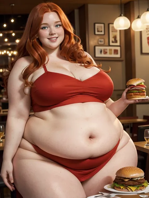 A happy photo of a young beautiful redhead bbw with long wavy ginger hair soft fat belly, wide fat obese hips, thick fat legs and fat arms, cute pretty face, blue eyes, freckles, in a red covering dress, eating a giant burger in a Fancy restaurant