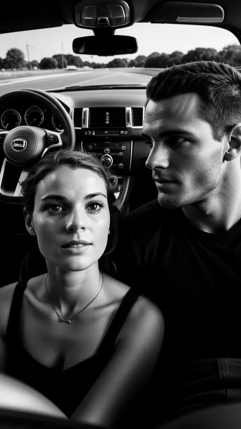 Couple,White people,Black and white photography,young,drive