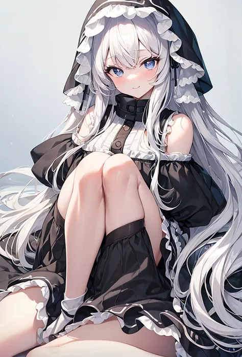 ((Highest quality)), ((masterpiece)), ((Very detailed)), (Very mature),A cute high school girl with a gentle look, white hair and about 165cm tall.，A high school girl with a cute smile and ample breasts wearing a transparent black wavy top with a cute patt...