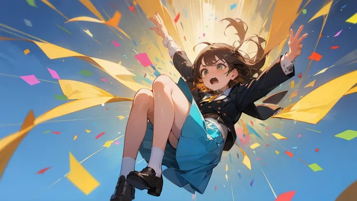 ((Highest quality)), ((masterpiece)), ((Very detailed)),Floating Girl,Angry expression，Confetti，Brown Hair,tears,Blue sky background,Feet in the air,tears,gravity,Long skirt,loafers,Raise both hands,falling girl