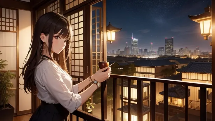 (Super detailed,High resolution,masterpiece:1.2) Night view from the balcony or terrace, You can see big fireworks。View of Japanese apartment buildings in the background. Focus on women in their 20s to 40s with calm expressions. She has stylish hair, Light...