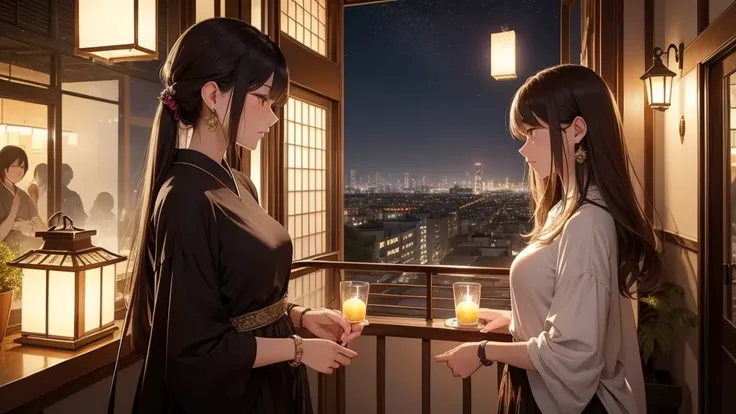 (Super detailed,High resolution,masterpiece:1.2) Night view from the balcony or terrace, You can see big fireworks。View of Japanese apartment buildings in the background. Focus on women in their 20s to 40s with calm expressions. She has stylish hair, Light...