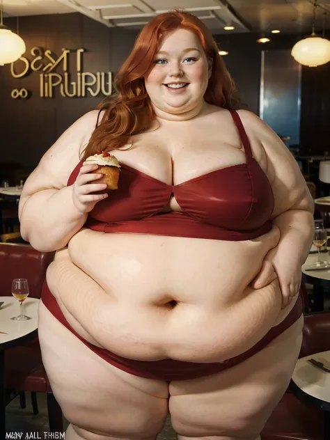 A happy photo of a young beautiful redhead bbw with long wavy ginger hair soft fat belly, wide fat obese hips, thick fat legs and fat arms, cute pretty face, blue eyes, freckles, in a red covering dress, eating a giant burger in a Fancy restaurant