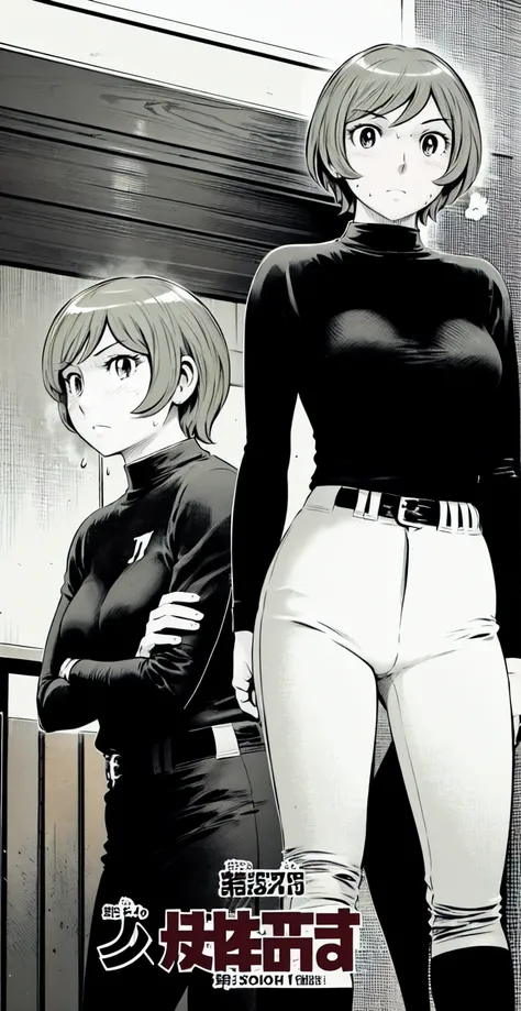 (野球uniform:1.2),
Blonde Hair, (short hair:1.2),Long sleeve, Black Shirt, turtleneck,White trousers、uniform、Black belt、((Illustration of people))、Big Boobs、
View Audience,, (Highest quality:1.3),One Girl, White pants、uniform、indoor、baseball 、White wall、blue...