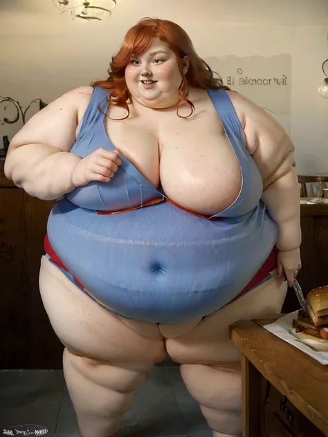 A happy photo of a young beautiful redhead bbw with long wavy ginger hair soft fat belly, wide fat obese hips, thick fat legs and fat arms, cute pretty face, blue eyes, freckles, in a red covering dress, eating a giant burger in a Fancy restaurant